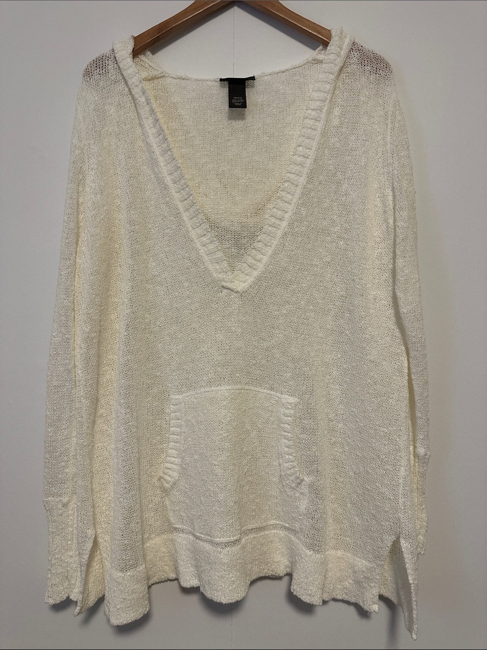 Lane Bryant Cream Deep V-Neck Lightweight Knit Hooded Sweater with Front Pocket